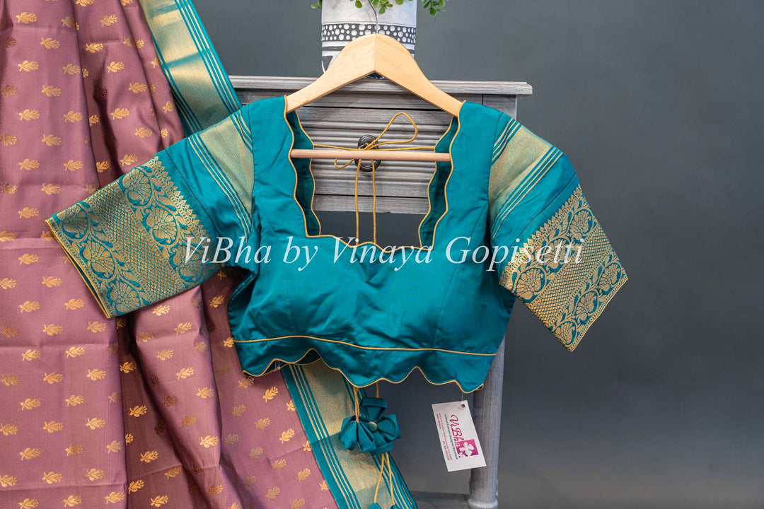 Mauve and Sea Green Kanchi Silk Saree and Blouse