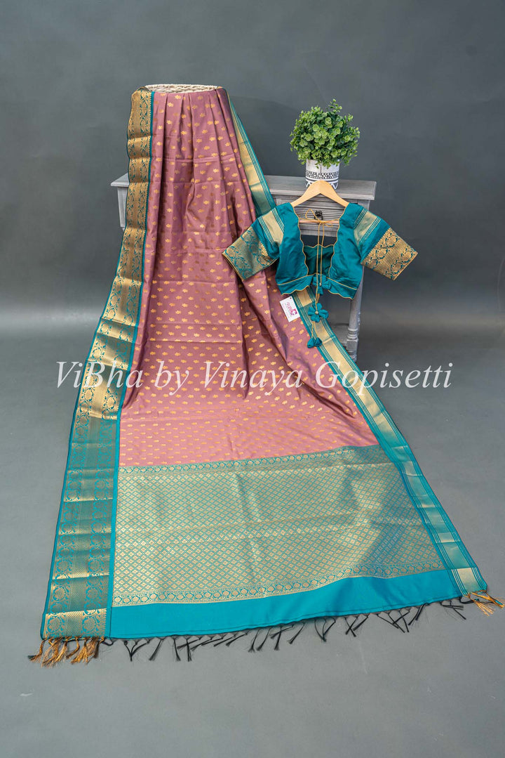 Mauve and Sea Green Kanchi Silk Saree and Blouse