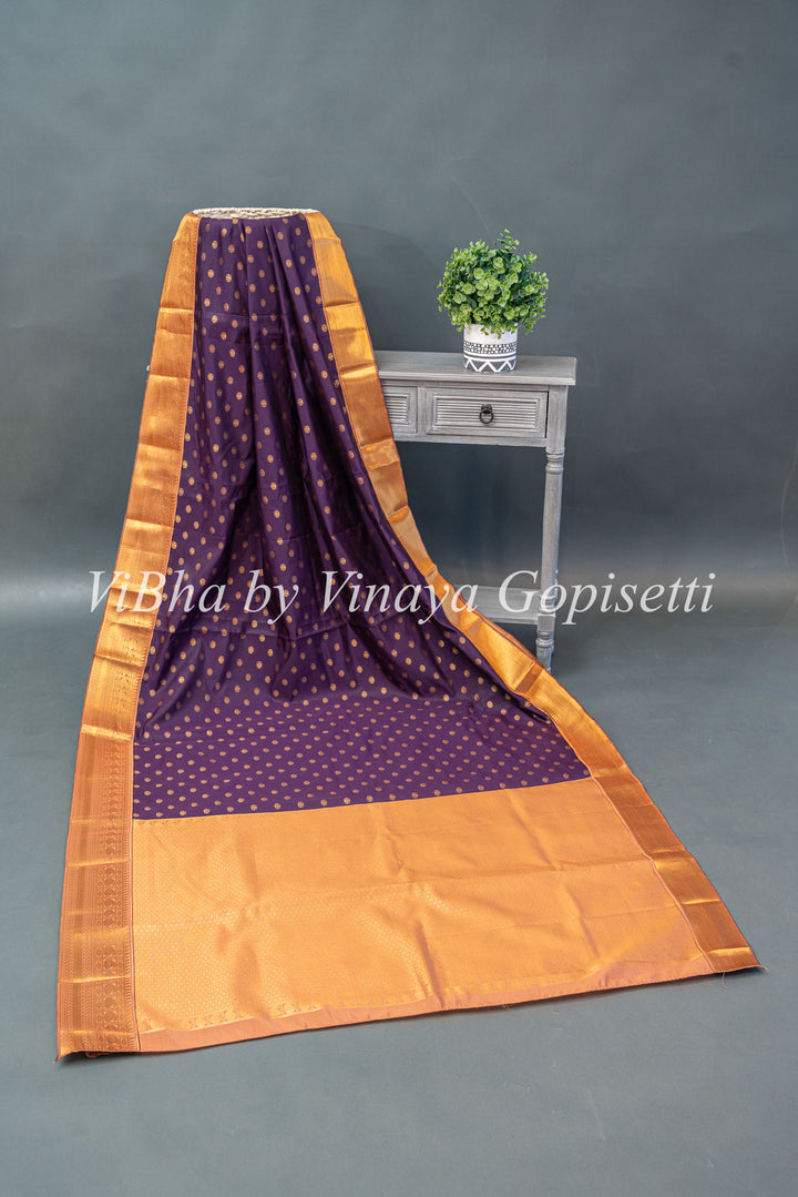 Eggplant and Rose Gold Kanchi Silk Saree and Blouse