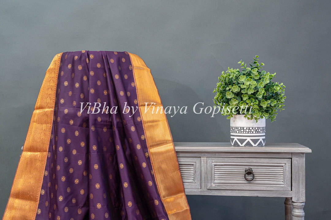 Eggplant and Rose Gold Kanchi Silk Saree and Blouse