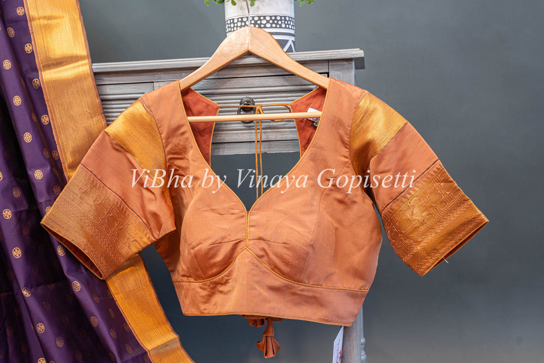 Eggplant and Rose Gold Kanchi Silk Saree and Blouse