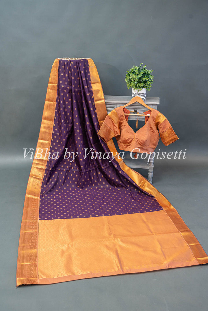 Eggplant and Rose Gold Kanchi Silk Saree and Blouse