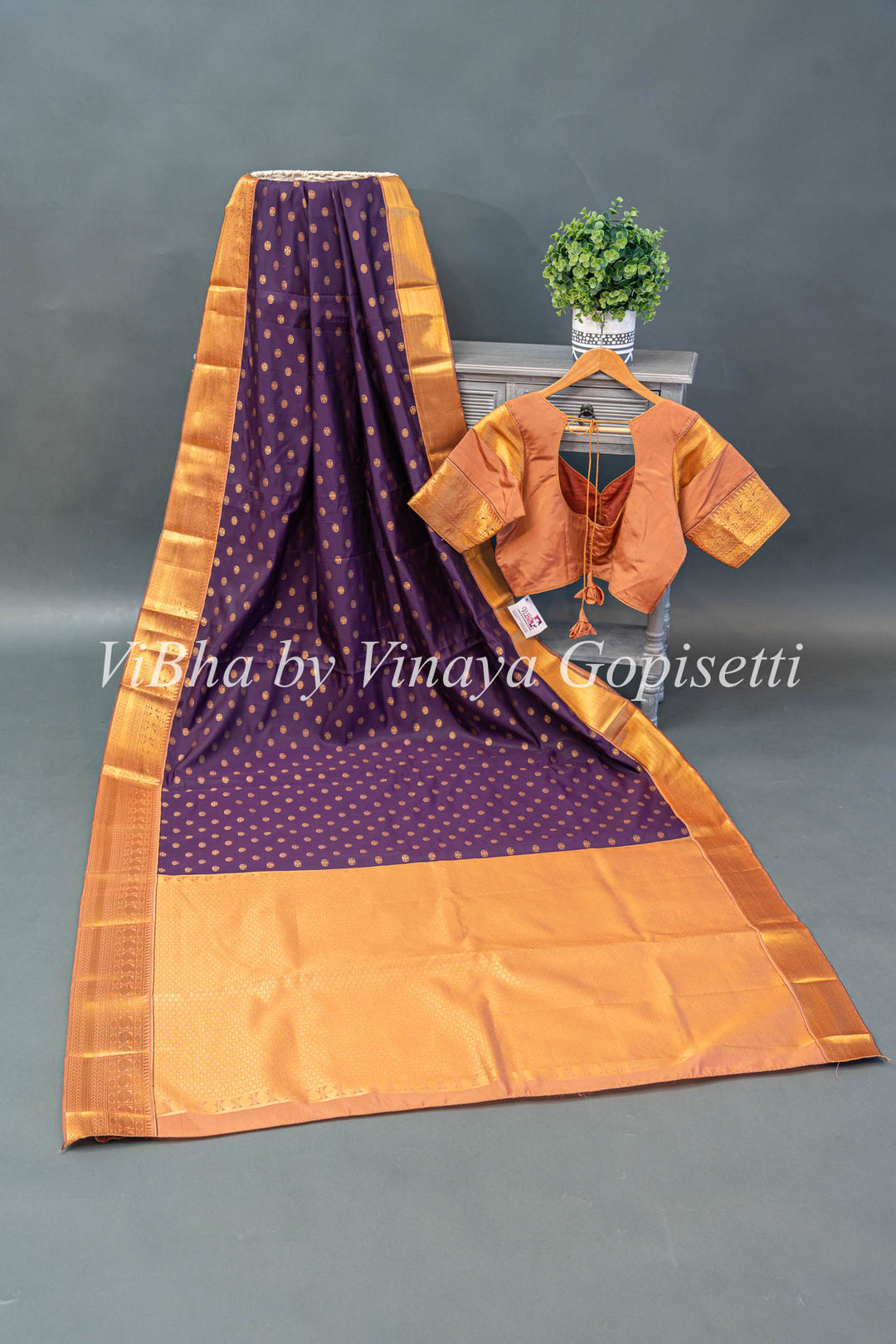 Eggplant and Rose Gold Kanchi Silk Saree and Blouse