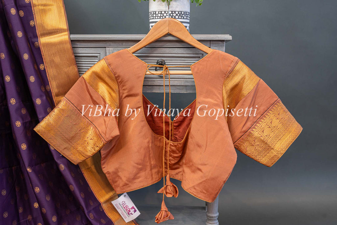 Eggplant and Rose Gold Kanchi Silk Saree and Blouse