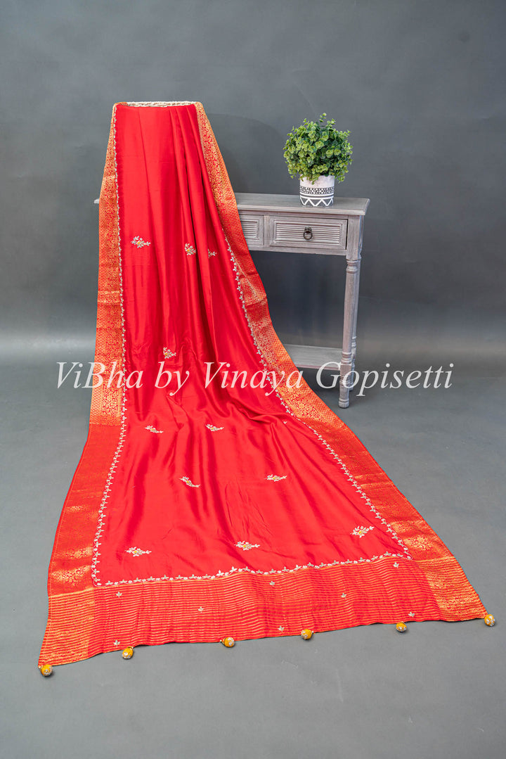 Yellow and Red Chinori Silk Embroidered Saree and Blouse