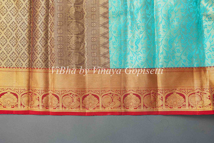 SkyBlue And Red Tissue Kanchi Silk Saree With Blouse