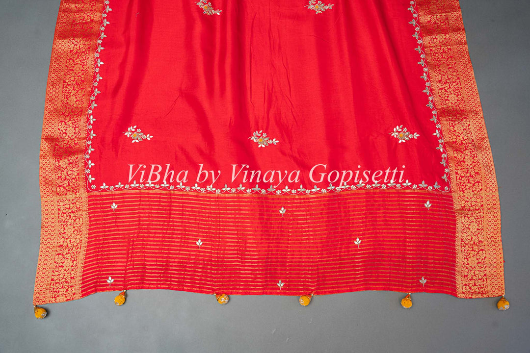 Yellow and Red Chinori Silk Embroidered Saree and Blouse