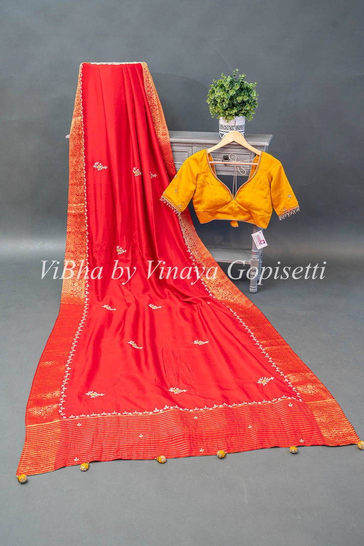 Yellow and Red Chinori Silk Embroidered Saree and Blouse