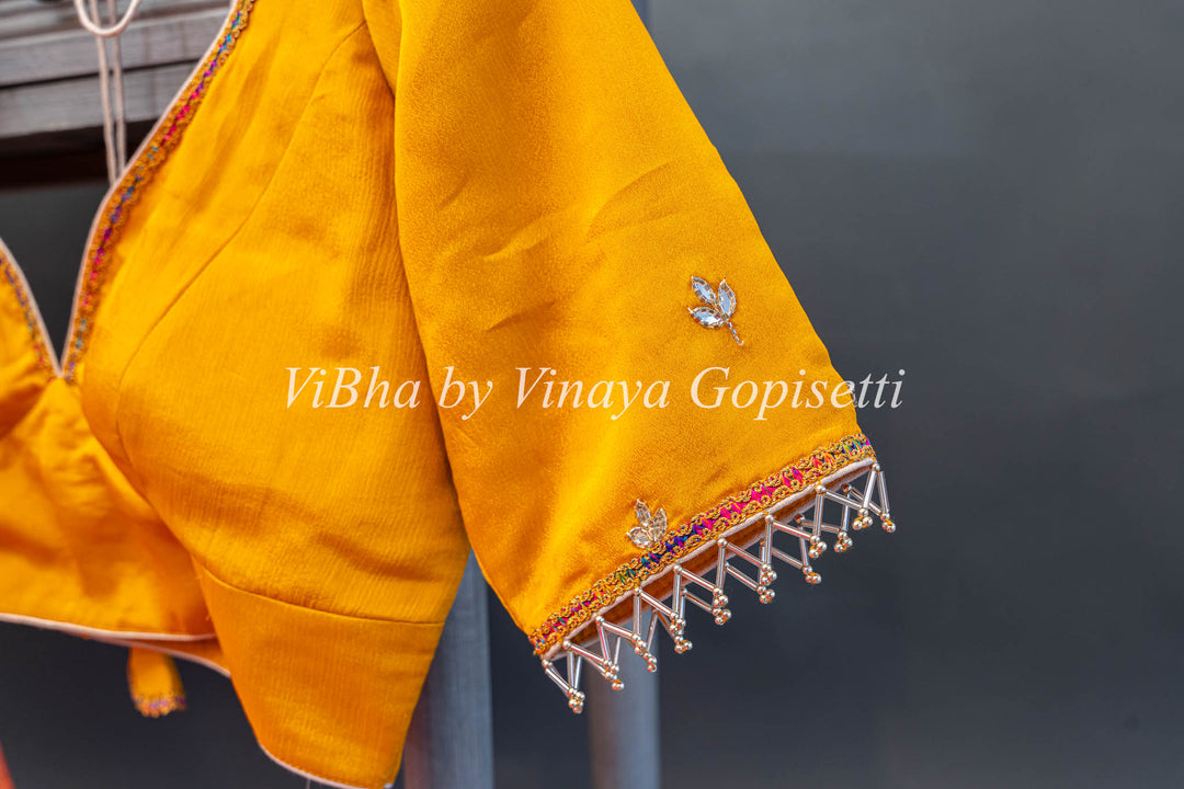 Yellow and Red Chinori Silk Embroidered Saree and Blouse