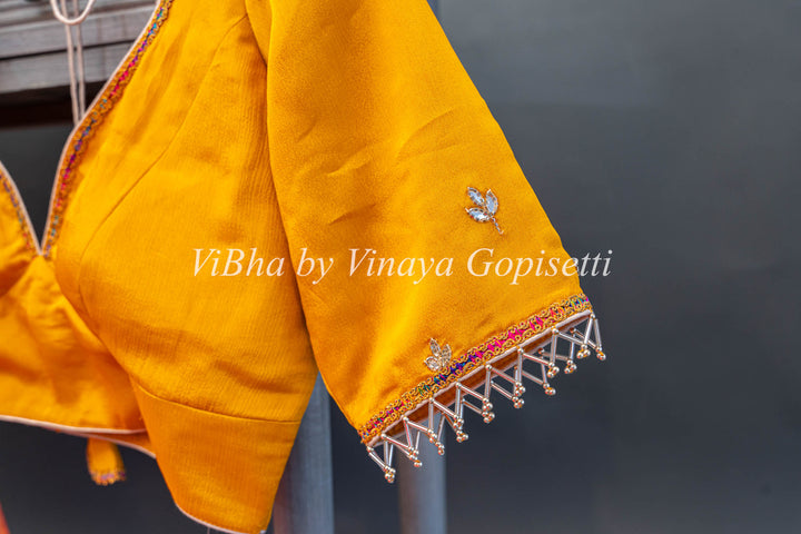 Yellow and Red Chinori Silk Embroidered Saree and Blouse