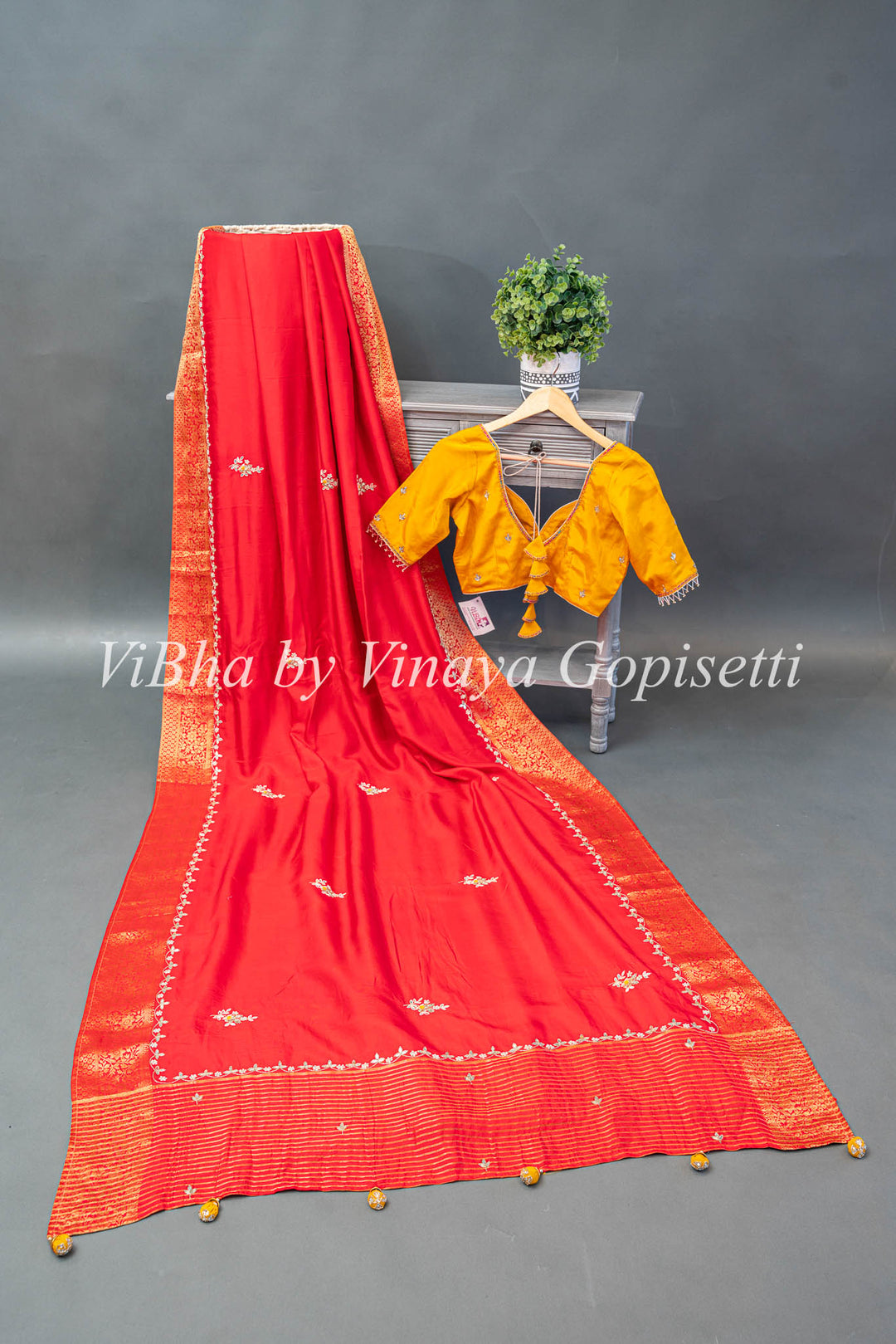 Yellow and Red Chinori Silk Embroidered Saree and Blouse