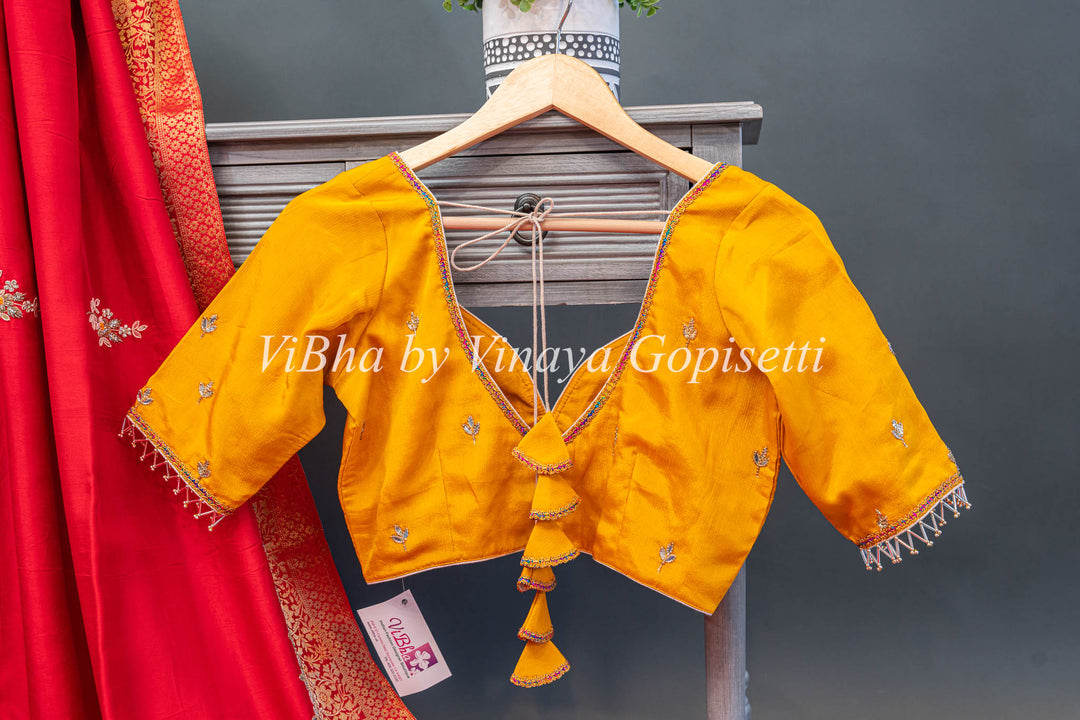 Yellow and Red Chinori Silk Embroidered Saree and Blouse