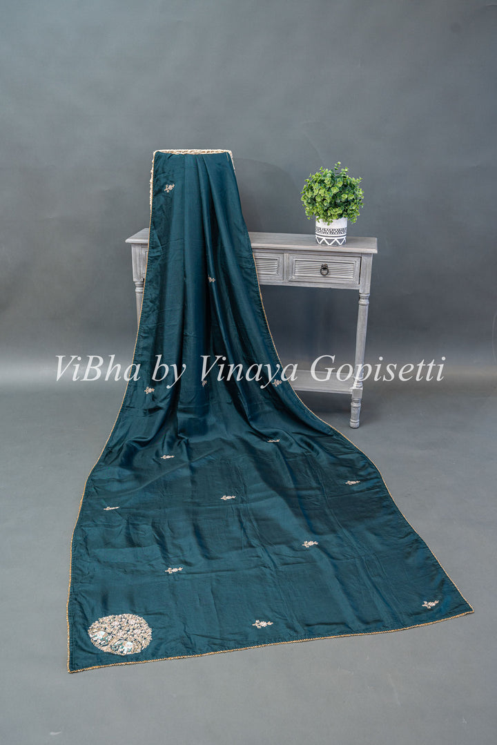 Dark Teal And Pastel Blue Chinori Silk Embroidered Saree And Blouse