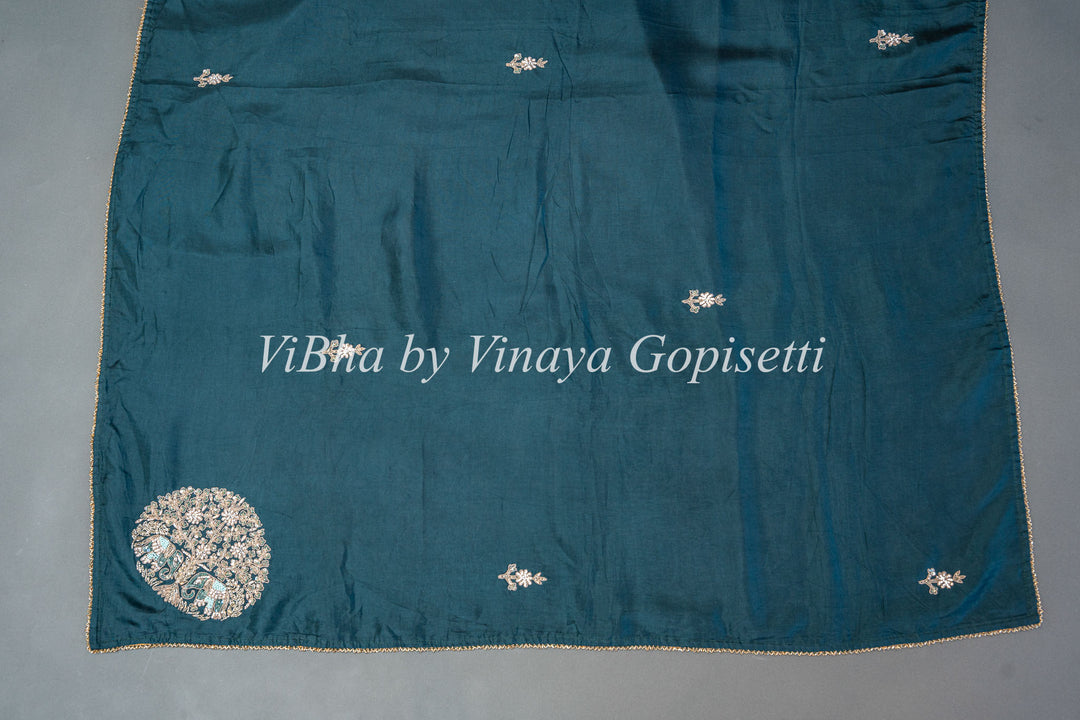 Dark Teal And Pastel Blue Chinori Silk Embroidered Saree And Blouse