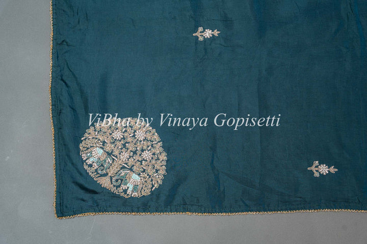 Dark Teal And Pastel Blue Chinori Silk Embroidered Saree And Blouse