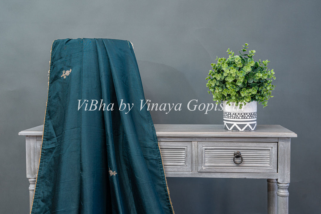 Dark Teal And Pastel Blue Chinori Silk Embroidered Saree And Blouse