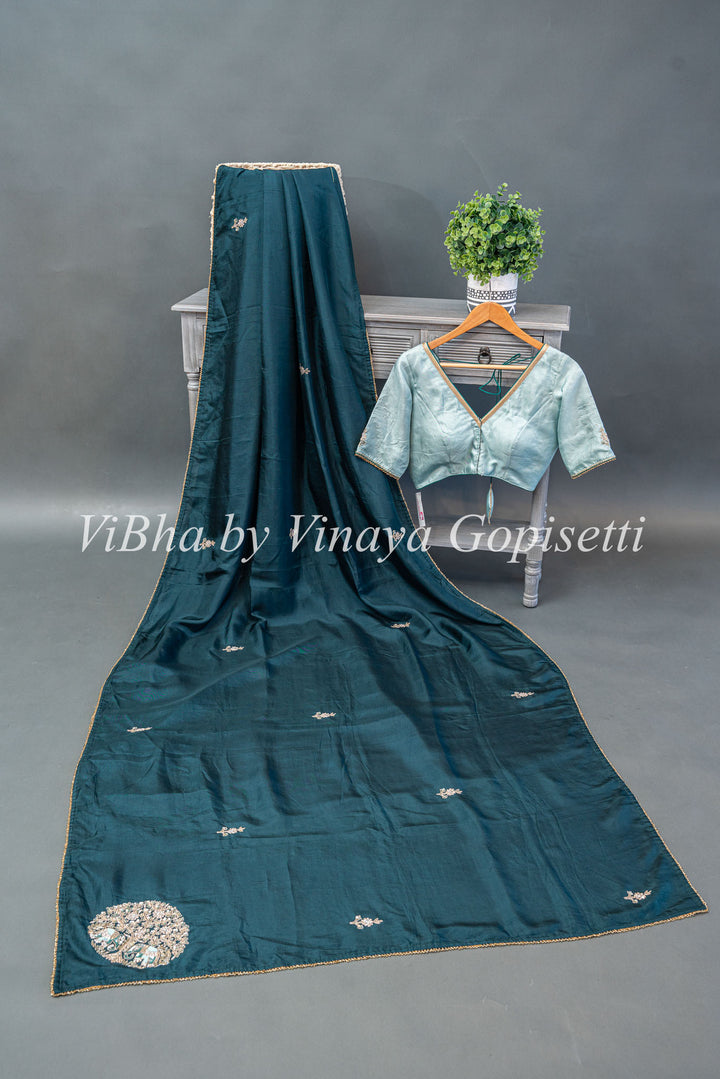 Dark Teal And Pastel Blue Chinori Silk Embroidered Saree And Blouse