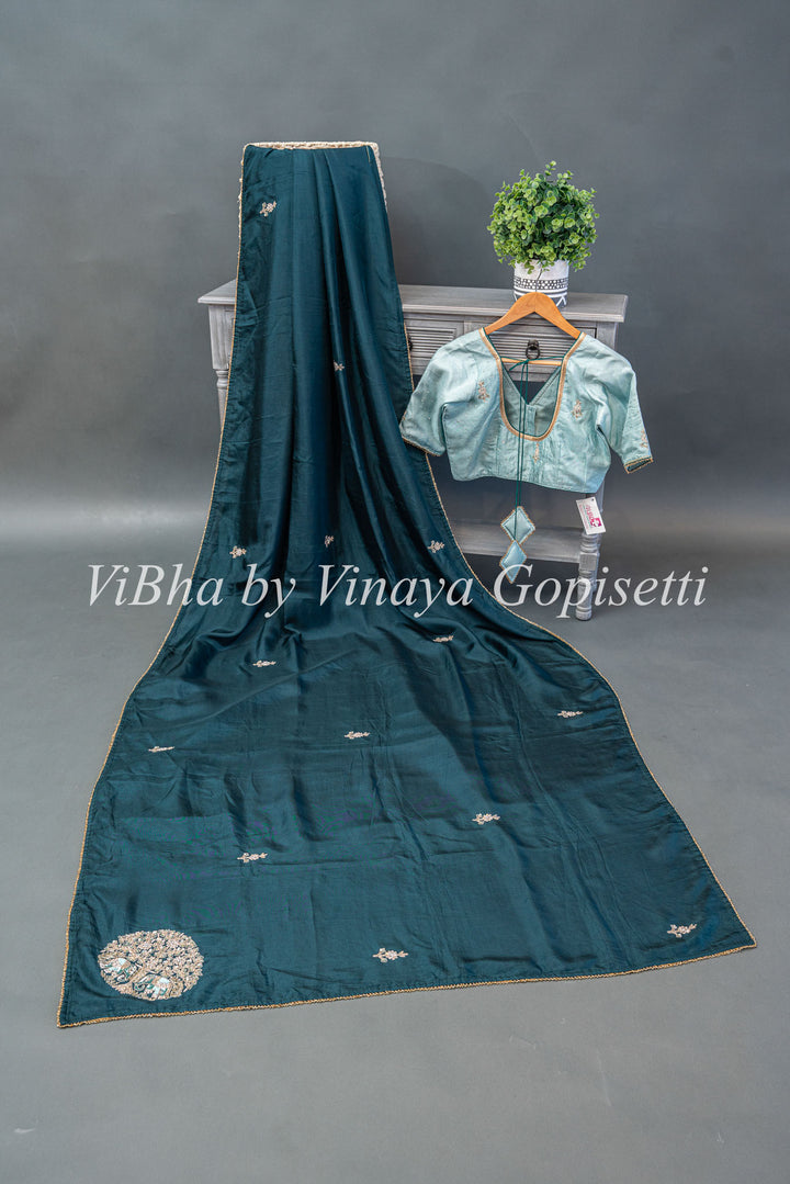 Dark Teal And Pastel Blue Chinori Silk Embroidered Saree And Blouse