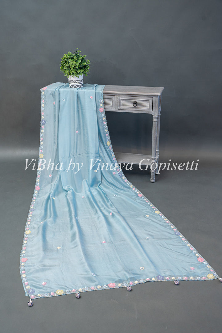 Powder Blue and Dark Teal Soft Organza Embroidered Saree And Blouse