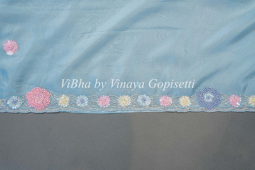 Powder Blue and Dark Teal Soft Organza Embroidered Saree And Blouse