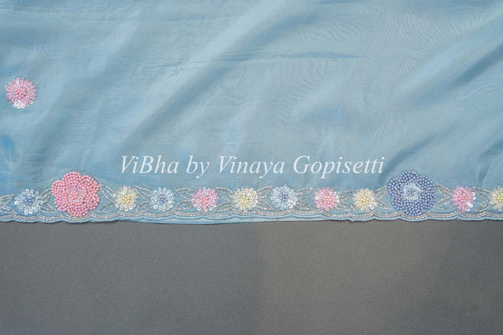 Powder Blue and Dark Teal Soft Organza Embroidered Saree And Blouse