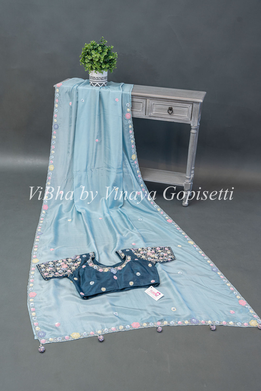 Powder Blue and Dark Teal Soft Organza Embroidered Saree And Blouse