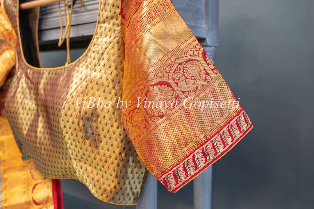 SkyBlue And Red Tissue Kanchi Silk Saree With Blouse