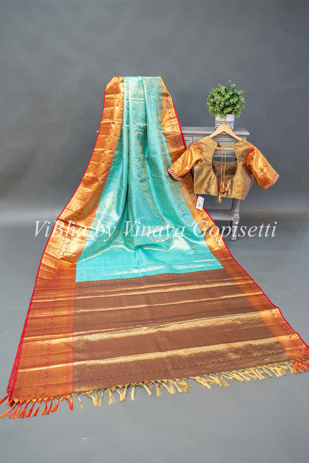 SkyBlue And Red Tissue Kanchi Silk Saree With Blouse