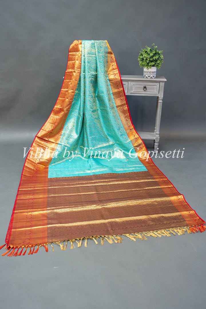 SkyBlue And Red Tissue Kanchi Silk Saree With Blouse