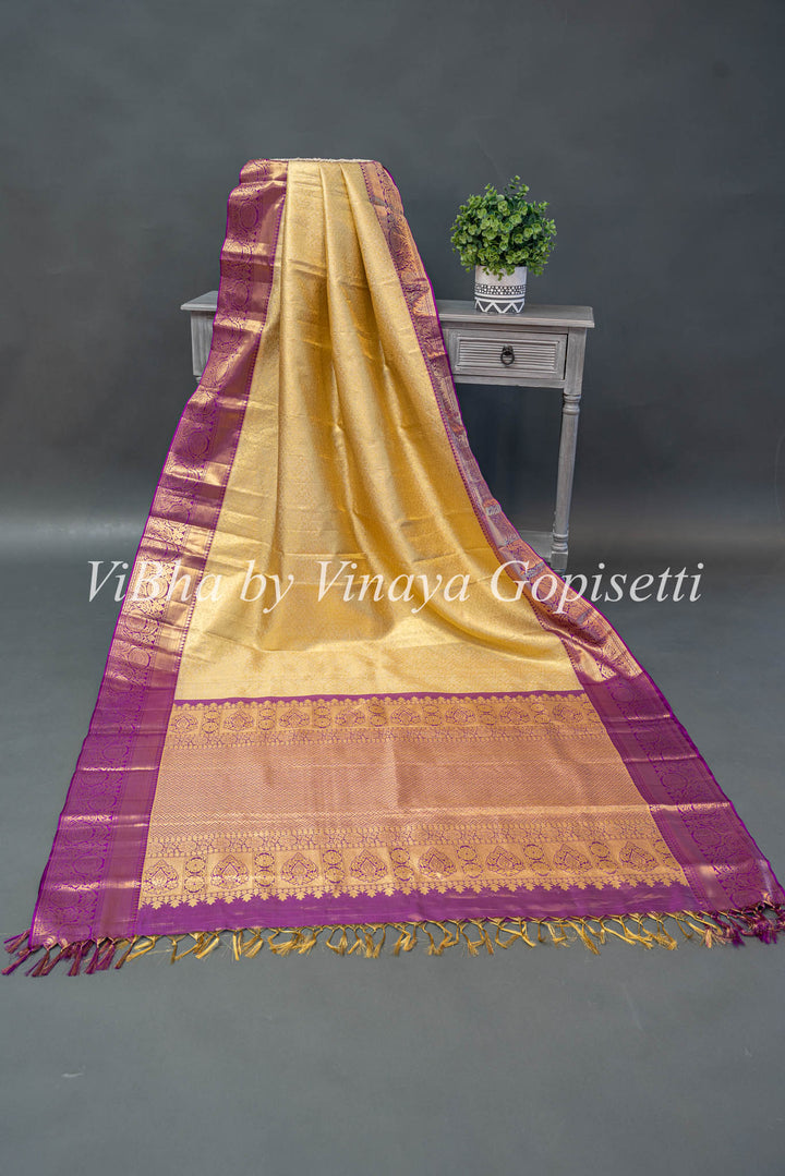 Light Pistachio Green And Purple Kanchi Silk Saree With Blouse