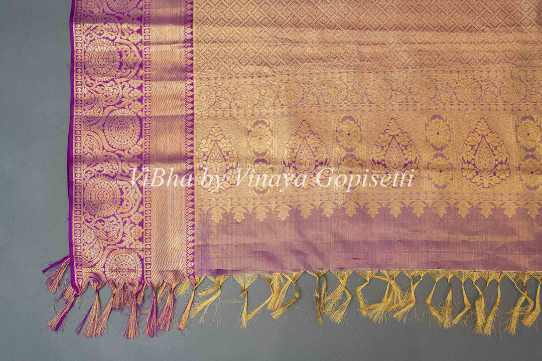 Light Pistachio Green And Purple Kanchi Silk Saree With Blouse