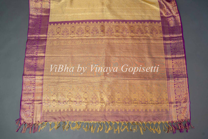 Light Pistachio Green And Purple Kanchi Silk Saree With Blouse