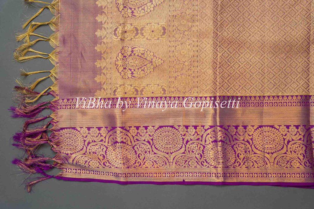 Light Pistachio Green And Purple Kanchi Silk Saree With Blouse