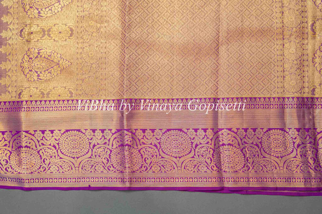 Light Pistachio Green And Purple Kanchi Silk Saree With Blouse