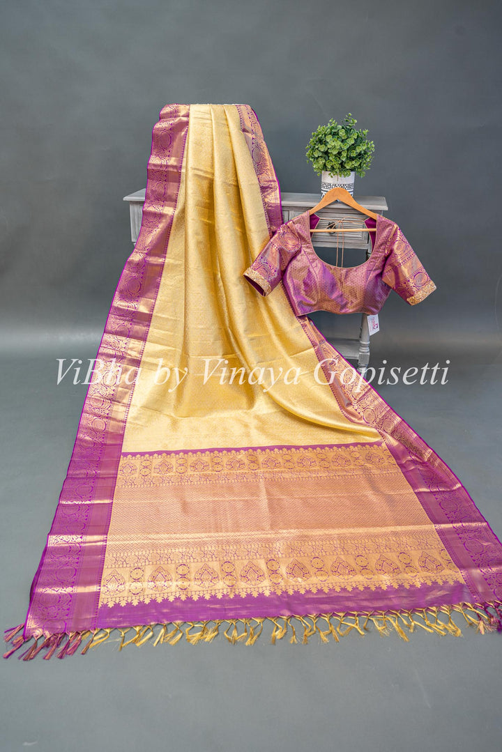 Light Pistachio Green And Purple Kanchi Silk Saree With Blouse