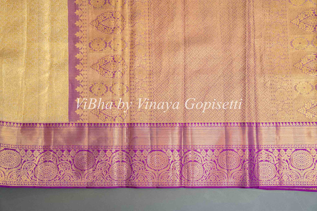 Light Pistachio Green And Purple Kanchi Silk Saree With Blouse