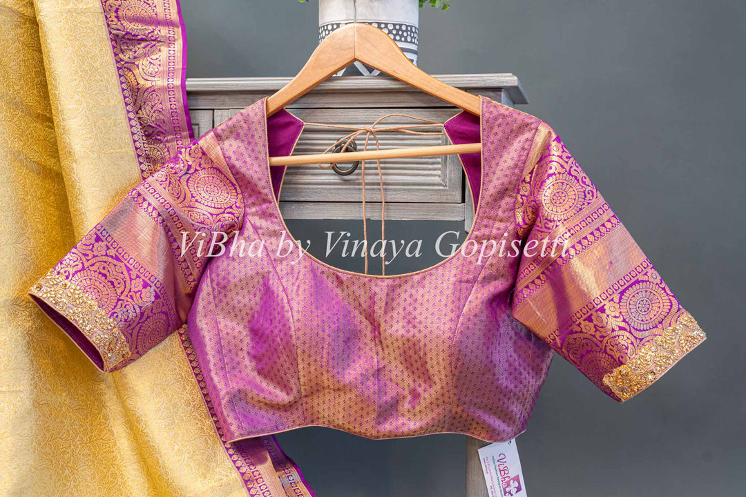 Light Pistachio Green And Purple Kanchi Silk Saree With Blouse