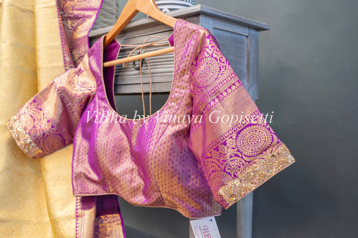 Light Pistachio Green And Purple Kanchi Silk Saree With Blouse