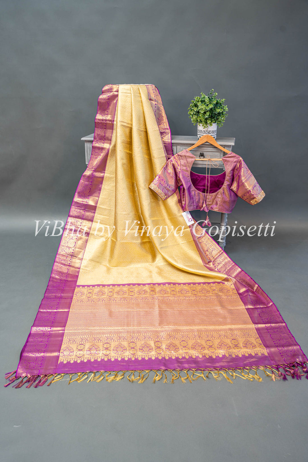 Light Pistachio Green And Purple Kanchi Silk Saree With Blouse