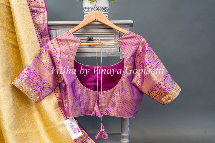 Light Pistachio Green And Purple Kanchi Silk Saree With Blouse