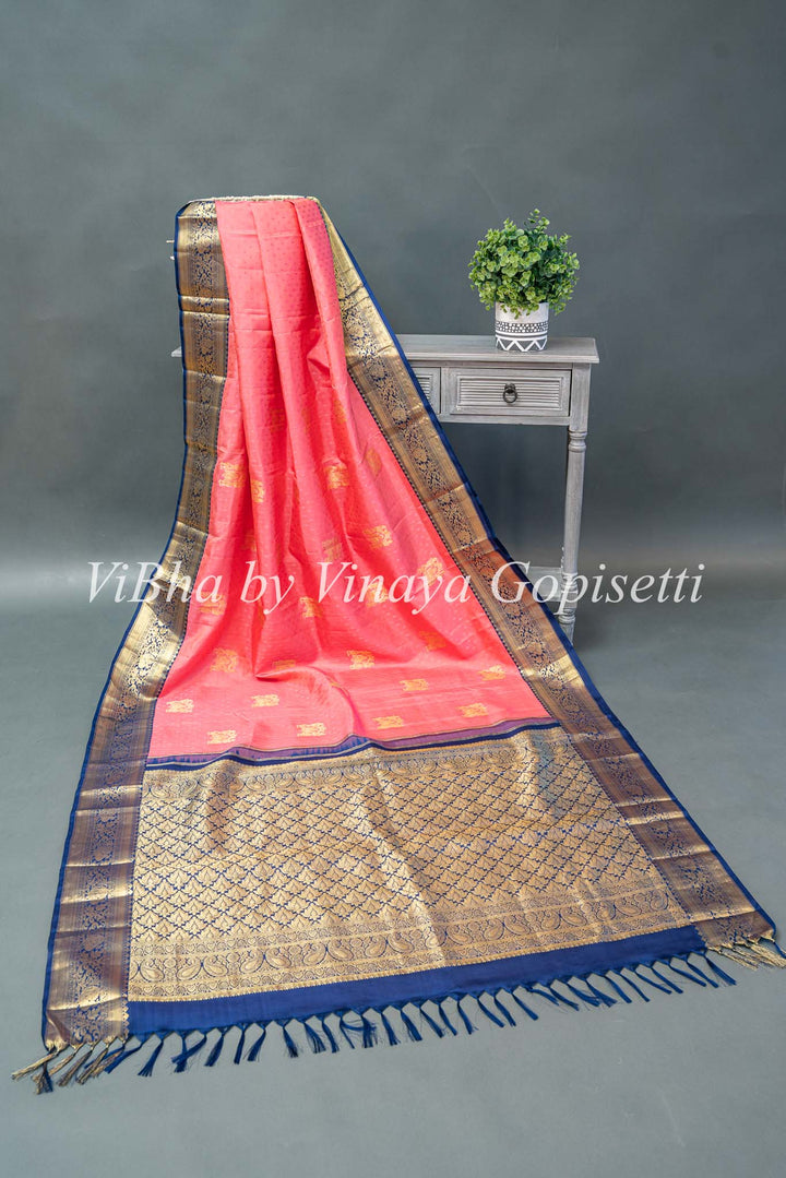 Peach and navy blue Kanchi saree with blouse