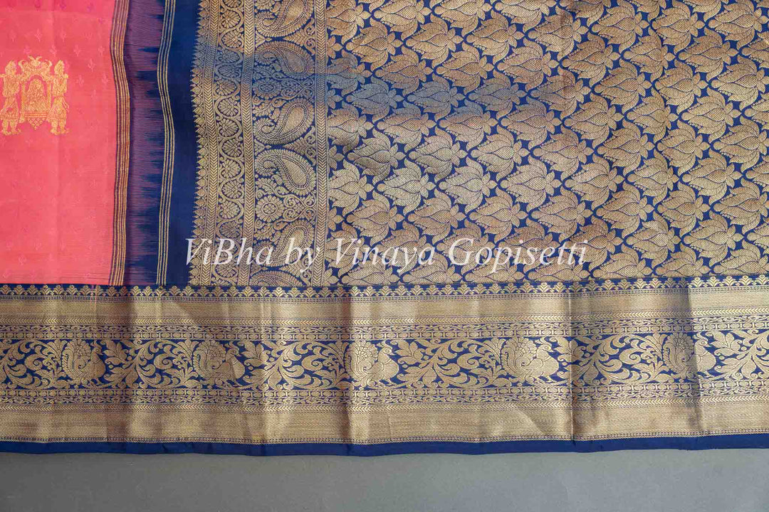 Peach and navy blue Kanchi saree with blouse