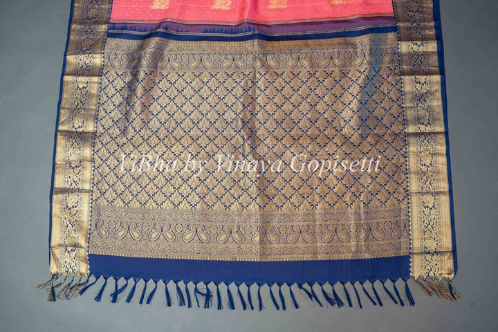 Peach and navy blue Kanchi saree with blouse