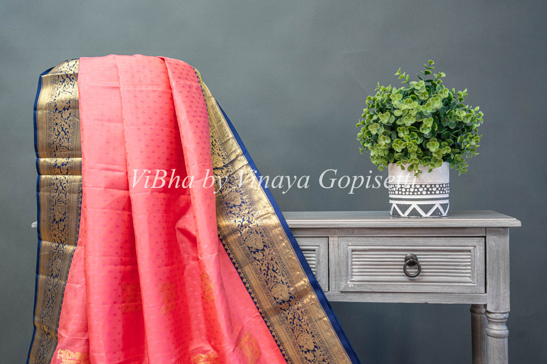 Peach and navy blue Kanchi saree with blouse