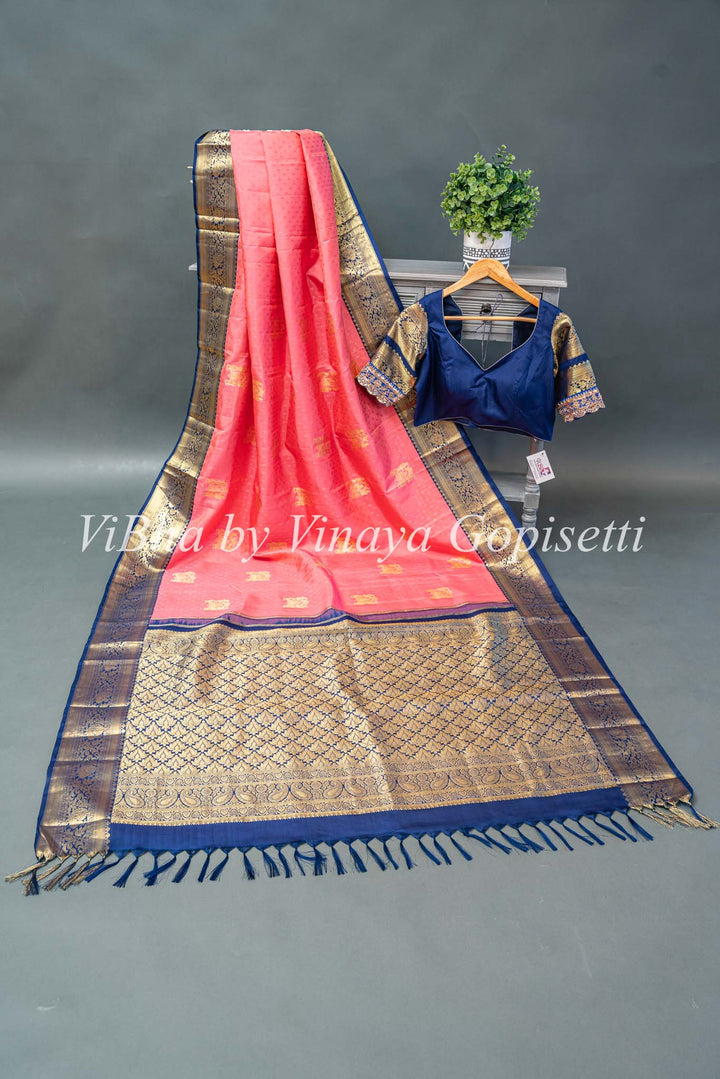 Peach and navy blue Kanchi saree with blouse