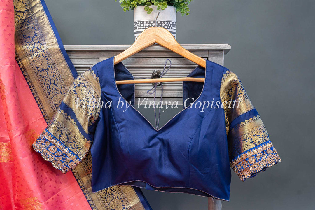 Peach and navy blue Kanchi saree with blouse