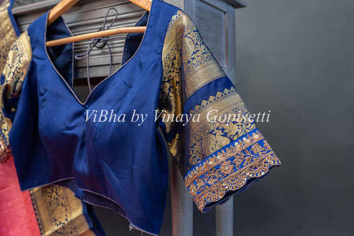 Peach and navy blue Kanchi saree with blouse