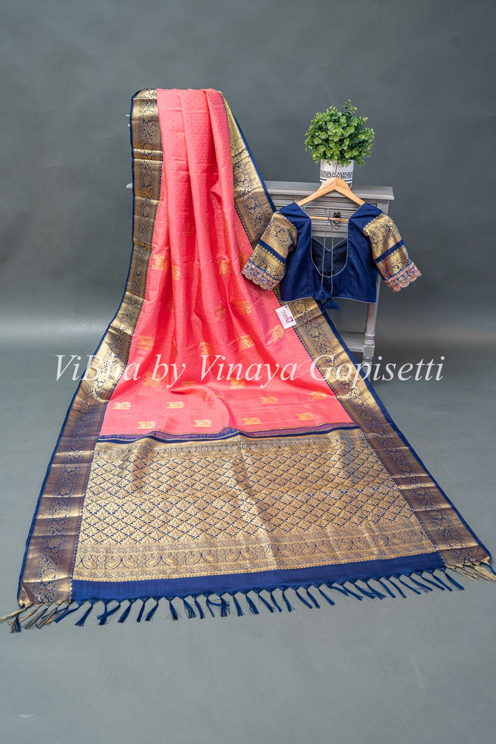 Peach and navy blue Kanchi saree with blouse