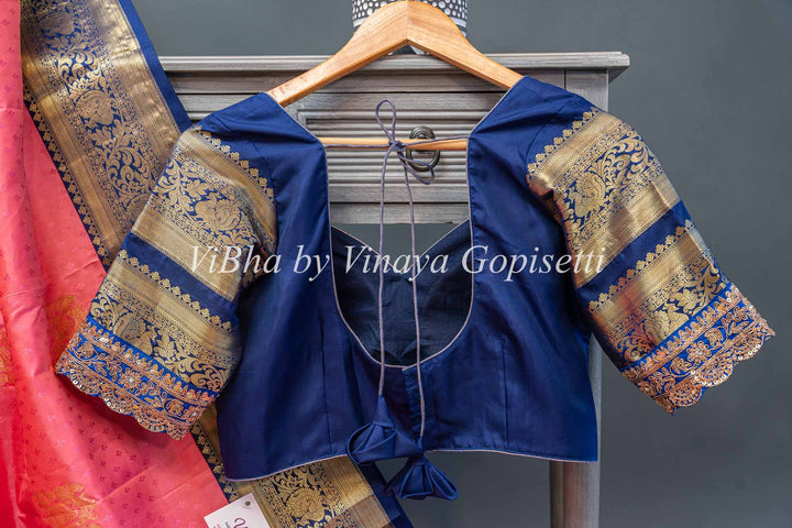 Peach and navy blue Kanchi saree with blouse