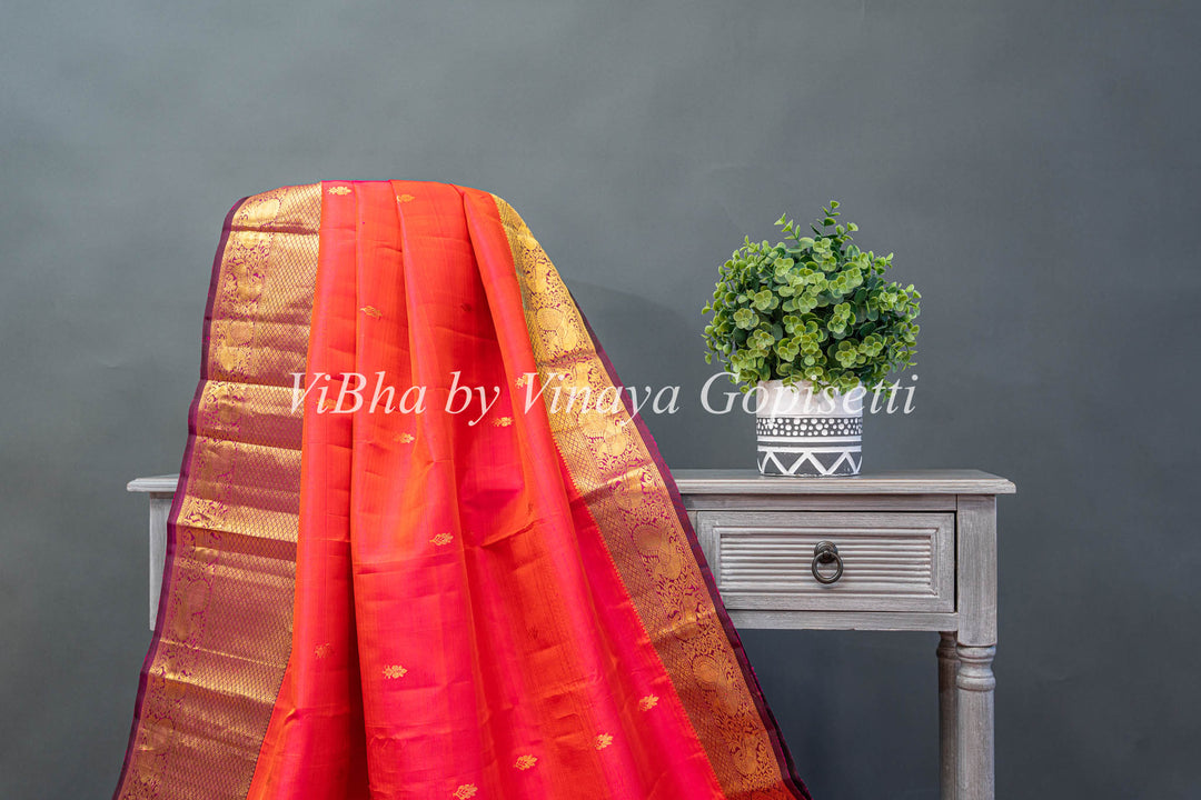 Dark Coral And Magenta Kanchi Silk Saree With Blouse